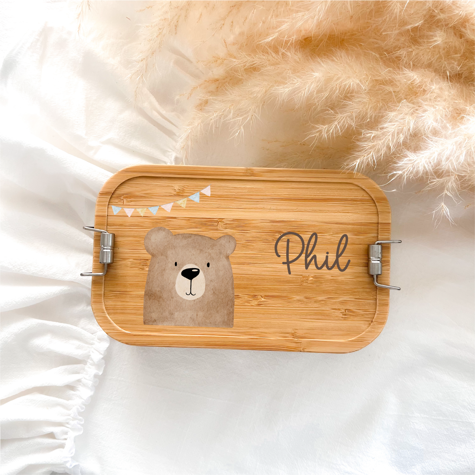Personalisierte Brotdose aus Edelstahl & Bambus – mit liebevollen HejHanni-Motiven