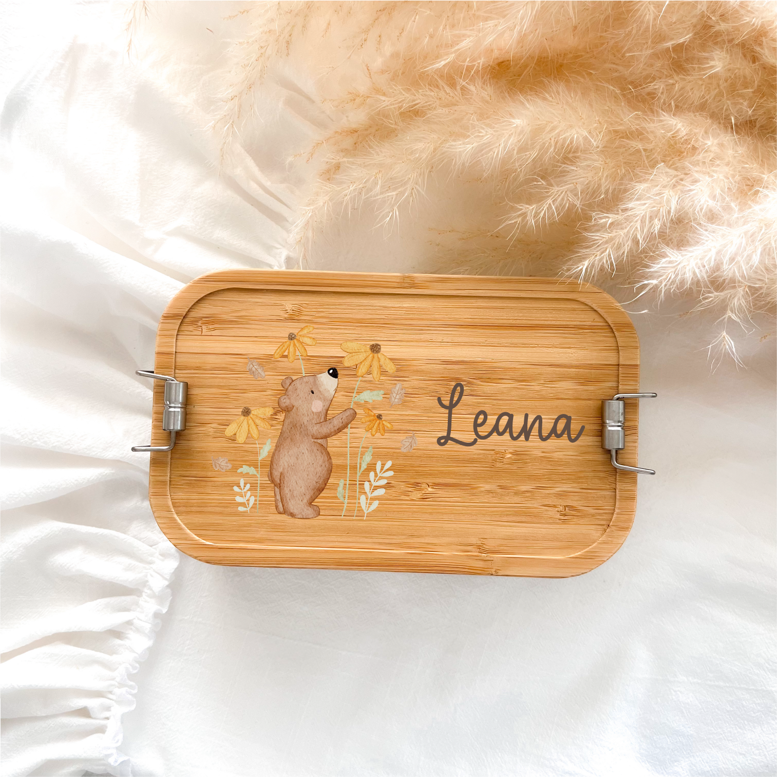 Personalisierte Brotdose aus Edelstahl & Bambus – mit liebevollen HejHanni-Motiven