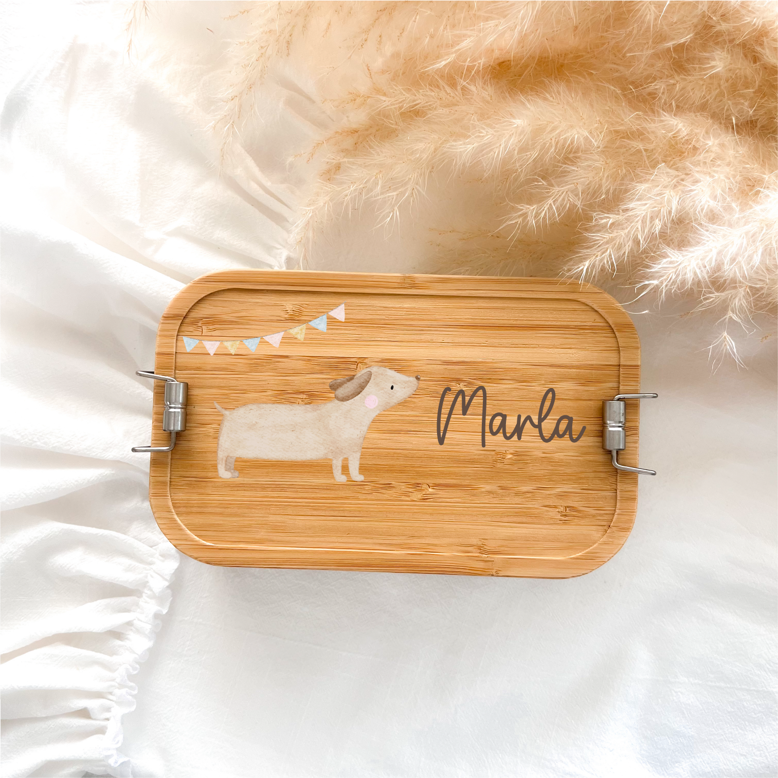 Personalisierte Brotdose aus Edelstahl & Bambus – mit liebevollen HejHanni-Motiven