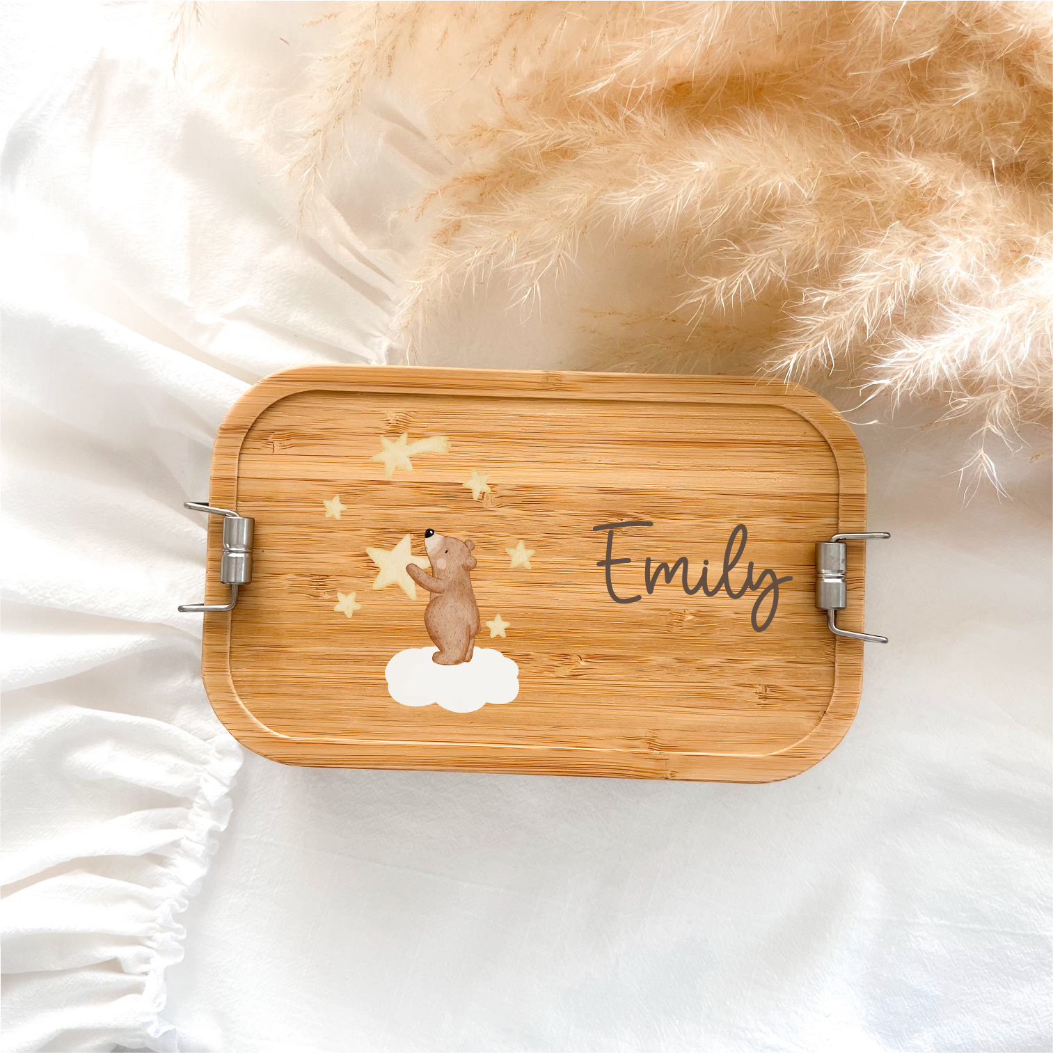 Personalisierte Brotdose aus Edelstahl & Bambus – mit liebevollen HejHanni-Motiven