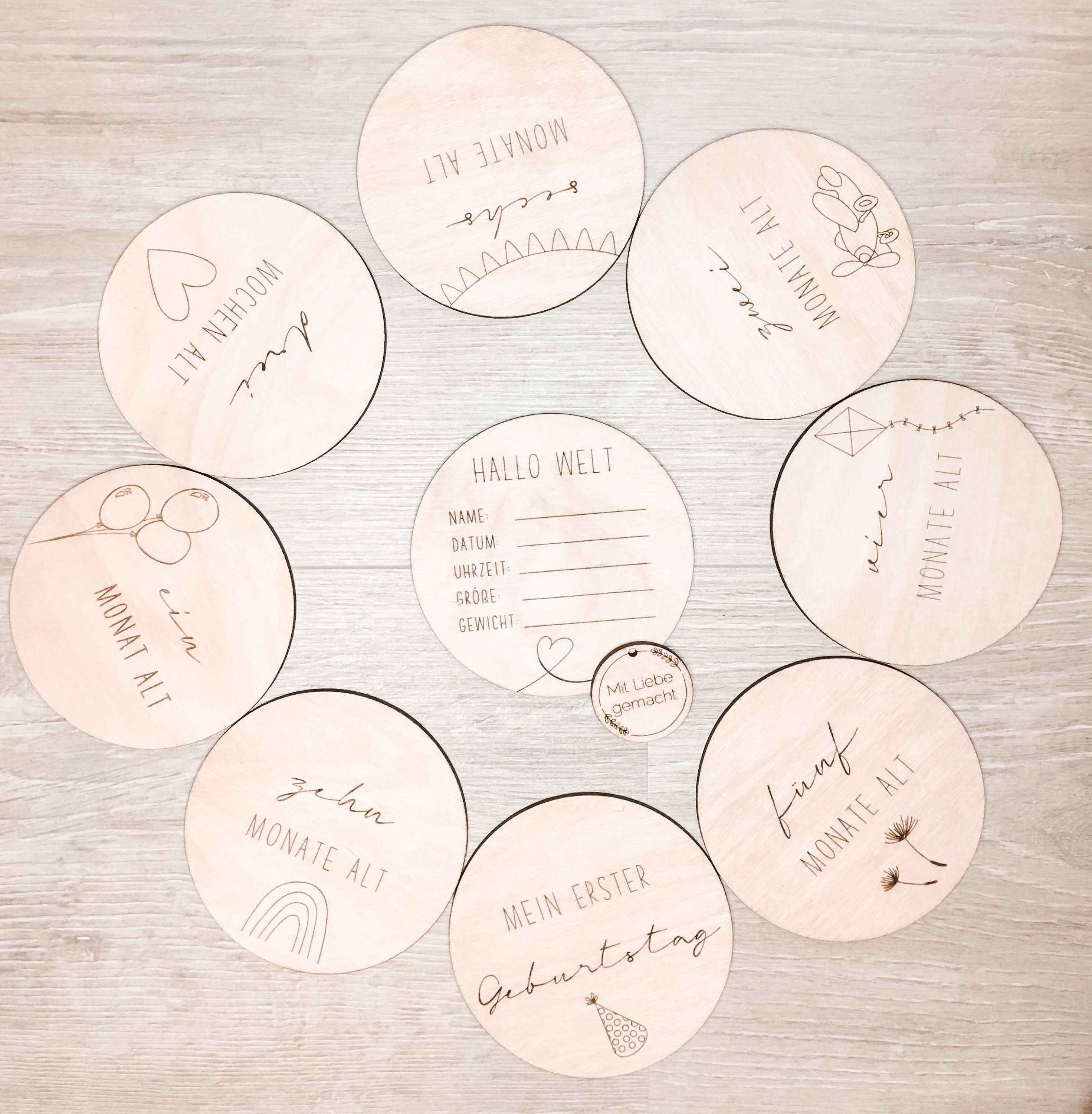 Meilenstein-Karten Baby aus Holz >VERSPIELTES ERSTES JAHR<
