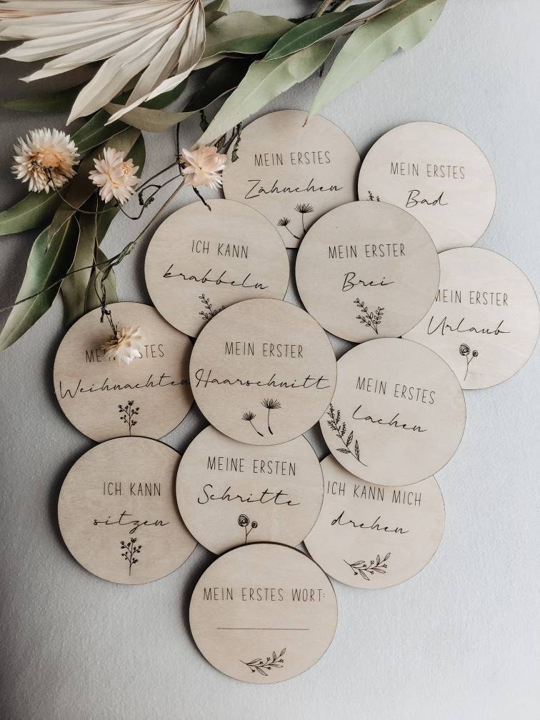 Meilenstein-Karten Baby aus Holz - Zusatzset >GLÜCKLICHES ERSTES JAHR<