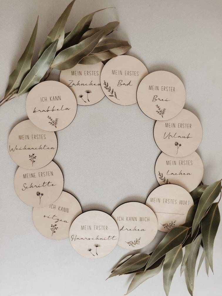 Meilenstein-Karten Baby aus Holz - Zusatzset >GLÜCKLICHES ERSTES JAHR<