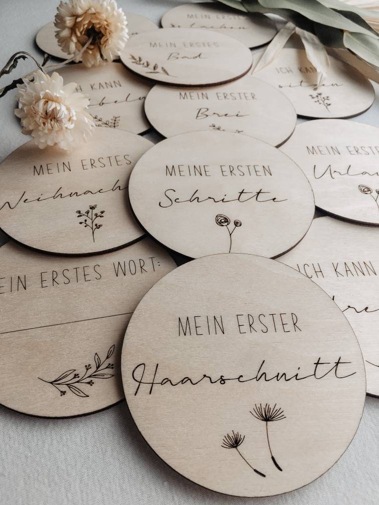 Meilenstein-Karten Baby aus Holz - Zusatzset >GLÜCKLICHES ERSTES JAHR<