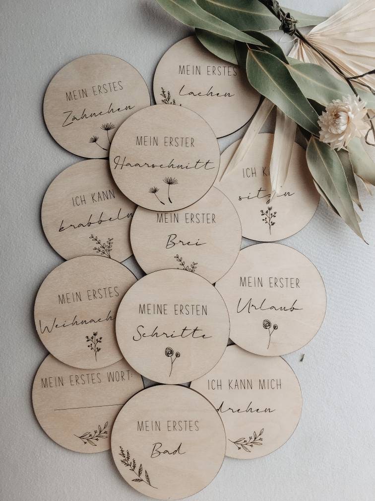 Meilenstein-Karten Baby aus Holz - Zusatzset >GLÜCKLICHES ERSTES JAHR<