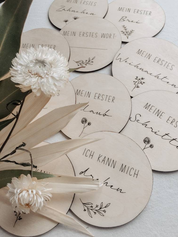 Meilenstein-Karten Baby aus Holz - Zusatzset >GLÜCKLICHES ERSTES JAHR<