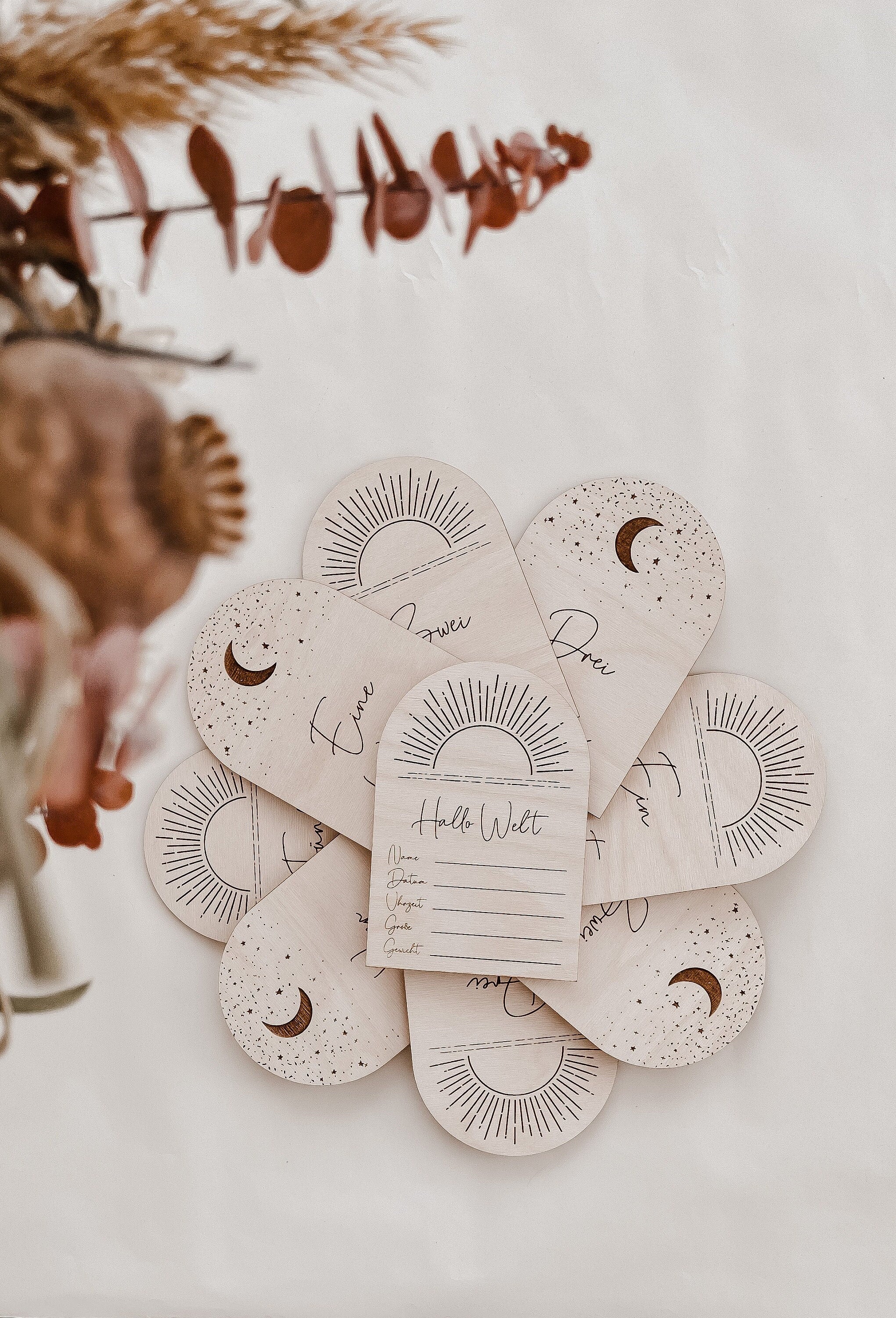 Geburtstafel >HALLO WELT< aus Holz >BOHO<