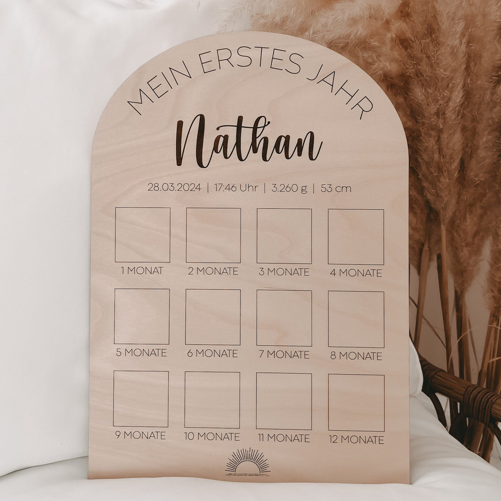 Personalisierte Meilensteintafel aus Birkenholz – DIY Fotowand für die ersten 12 Monate