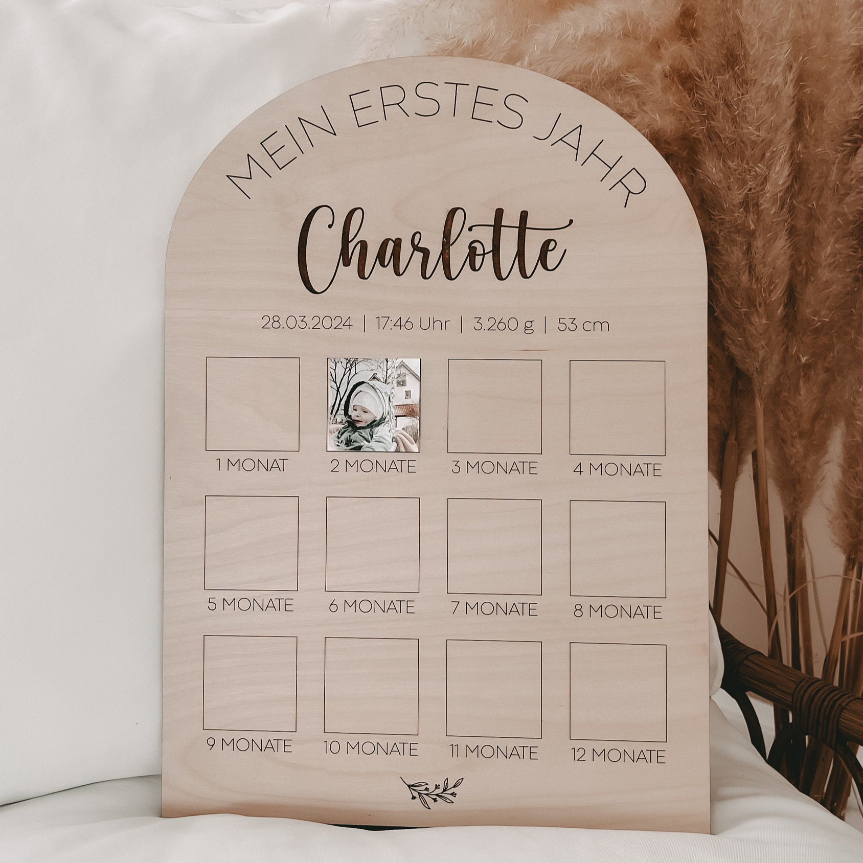 Personalisierte Meilensteintafel aus Birkenholz – DIY Fotowand für die ersten 12 Monate